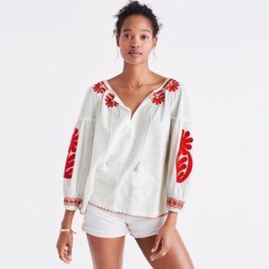 Madewell Blanca Embroidered Blanca Peasant Blouse Red